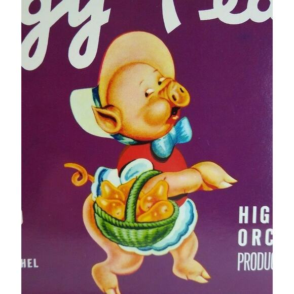 Piggy Pears Humanized Dressed Pig Fruit Crate Label Vintage Original 1940's - Picture 1 of 4